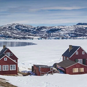 Greenland, Disko Bay, Oqaatsut, village buildings
