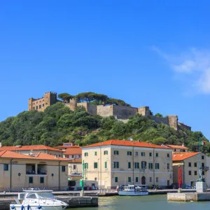 Harbour of Castiglione della Pescaia with fortress, Grosseto, Maremma, Tuscany, Italy