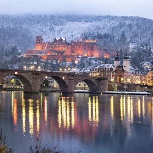 Heidelberg castle and Old Bridge illuminated in winter, Baden-Wurttemberg, Germany