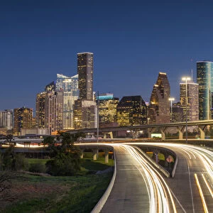 Houston Skyline & Freeway at Night, Houston, Texas, USA