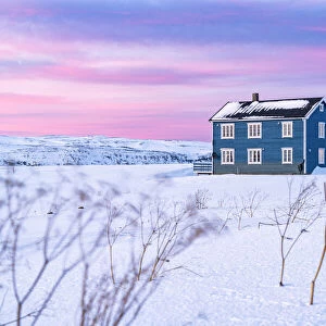 Isolated house in the snow under the pink arctic sunset, Veines, Kongsfjord