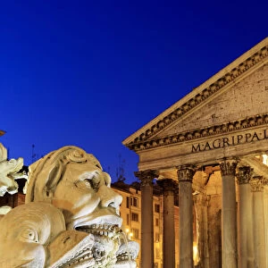 Italy, Rome, Pantheon and Piazza della Rotonda Fountain by night