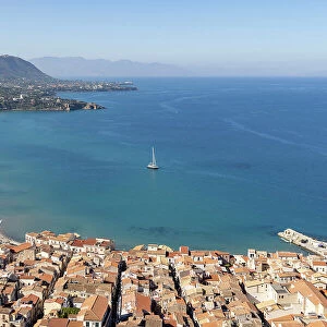 Italy, Sicily, Cefalu, a view of the bay from la Rocca