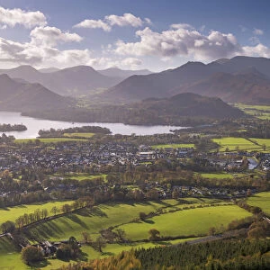 Keswick and Derwent Water on a bright autumnal afternoon, Lake District, Cumbria, England