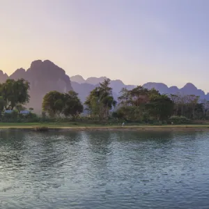 Laos, Vang Vieng. Nam Song River and Karst Landscape