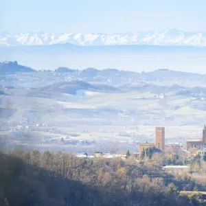 Nazzano and a view of the alps, Oltrepo Pavese, Province of Pavia, Lombardy, Italy