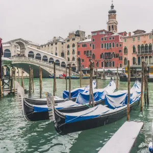 Rialto bridge, Venice, Veneto, Italy. Gondolas with snow