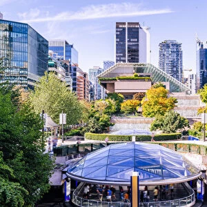 Robson Square, skyline and green trees in Vancouver, Brithsh Columbia, Canada