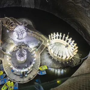 Romania, Transylvania, Cluj-Napoca. An aerial view of the Terezia Mine at Salina Turda