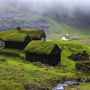 Saksun, Stremnoy island, Faroe Islands, Denmark. Iconic green roof houses