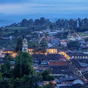 Salento at dusk, elevated view, Quindio Department, Colombia