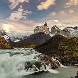 Salto Grande cascades and Cuernos del Paine, Torres del Paine National Park, Patagonia, Chile