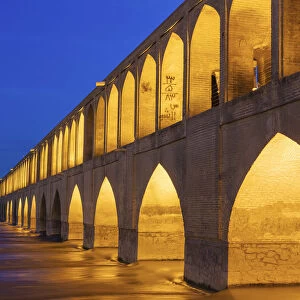 Si-o-se-pol, Allahverdi Khan Bridge at night, Zayanderud river, Isfahan, Isfahan Province