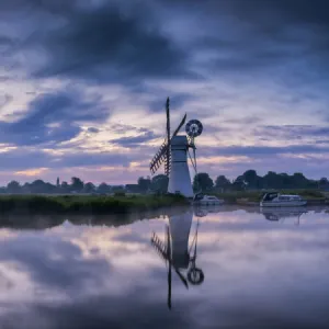 Thurne Mill & Clouds Reflecting in River Thurne, Norfolk Broads, Norfolk, England