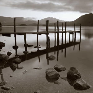 Tranquil landscape and Pier, Derwent Water, Lake District, Cumbria, England
