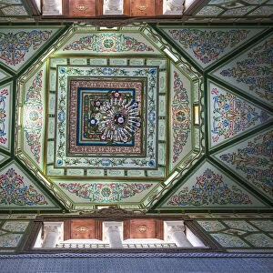 Tunisia, Kairouan, Madina, Elaborate ceiling of carpet shop