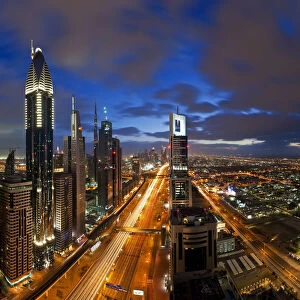 United Arab Emirates (UAE), Dubai, Sheikh Zayed Road looking towards the Burj Kalifa