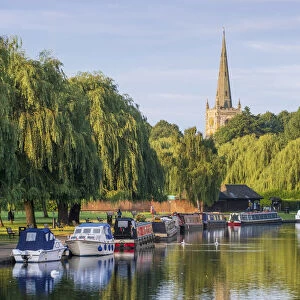 United Kingdom, England, Warwickshire, Stratford, Stratford-upon-Avon, summer view of the river Avon showing the spire of the Church of the Holy Trinity, Shakespearea€™s burial place