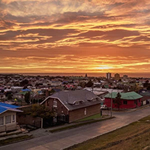 View over city towards Strait of Magellan at sunrise, Punta Arenas, Magallanes Province