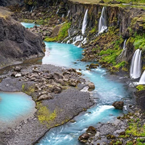 Waterfalls and blue rivers of Sigoldugljufur or Valley of Tears, Southern Highlands