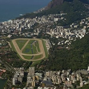 Aerial view from Jockey Club, Gavea neighborhood and Dois Irmaos Hill, Rio de Janeiro, Brazil