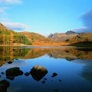 The Langdale Pikes from Blea Tarn in the Lake District UK