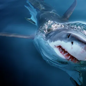 White shark looks above water (Carcharodon carcharius). South Africa