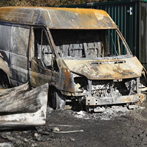 Transport, Road, Cars, Burnt out Ford Transit van in farmyard