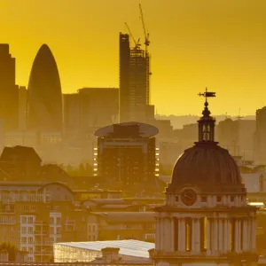 UK, London, The City skyline and Greenwich National Maritime Museum on right