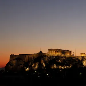 The Acropolis hill is seen during sunset in Athens