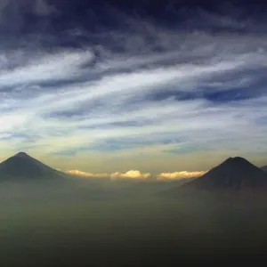 AERIAL VIEW SHOWS THE PANAJACHEL VOLCANOS AFTER SUNSET