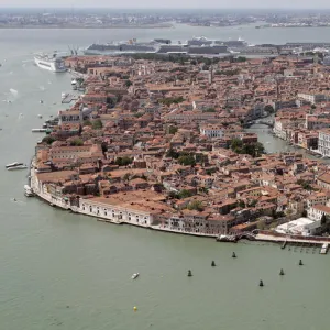 An aerial view shows Punta della Dogana Francois Pinault Foundation at Venice lagoon