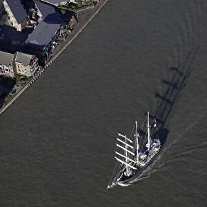An aerial view shows a ship on the River Thames near the London 2012 Olympic Park