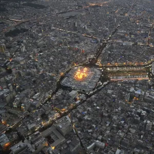 An aerial view shows the Shrines of Imam al-Abbas and Imam al-Hussein during the commemoration