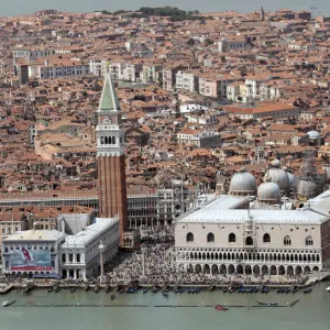 An aerial view shows St. Mark square and Venice lagoon