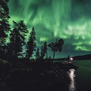 The Aurora Borealis (Northern Lights) is seen in the sky in Ivalo of Lapland