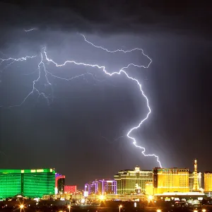 File photo showing lightning strike over Casinos along the Las Vegas strip