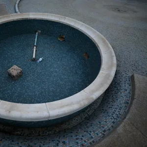 Empty fountains are seen in Adderley Street in central Cape Town