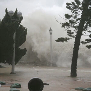 High waves hit the shore at Heng Fa Chuen, a residental district near the waterfront