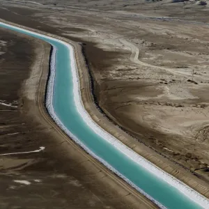 A man-made channel is seen in this aerial view along the shores of the Dead Sea