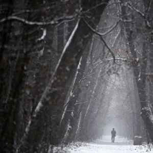 A man walks at a park during a snowfall in downtown Sofia