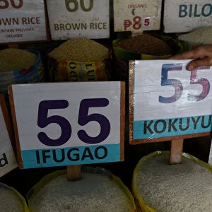 Prices of different variety of rice are seen in a public market in Kamuning