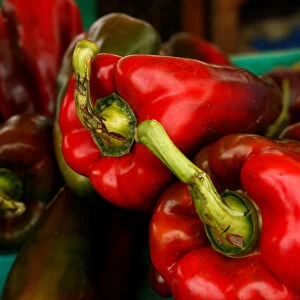 Red peppers are displayed on a vendors stand at the Farmers Market in Ta Qali