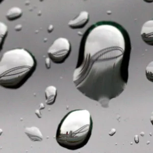 The Sydney Harbour Bridge is reflected in raindrops on a window