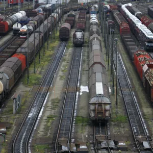 Trains are parked at the cargo rail station in Neuseddin