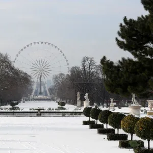 A view shows the snow-covered Tuileries Garden and the giant Ferris wheel in Paris as