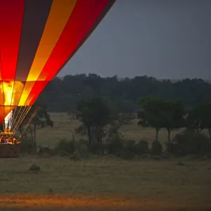 Hot air balloon carrying tourists over Masai Mara Kenya at dawn