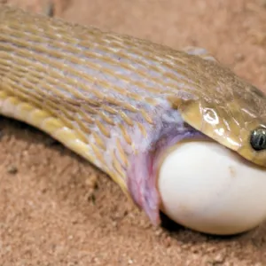 Common Egg-eater Snake (Dasypeltis scabra) adult, close-up of head, feeding on egg, Sindou, Leraba Province, Burkina Faso