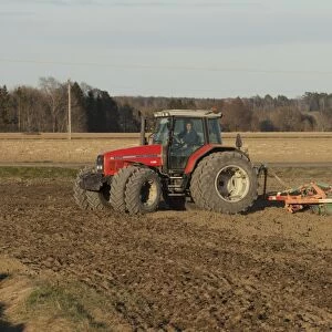 Massey Fergusson 6290 tractor with harrows, harrowing field seedbed, Sweden, may