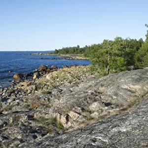 View of coastline with rock formations, Kallarberget, Baltic Sea, Sweden, july